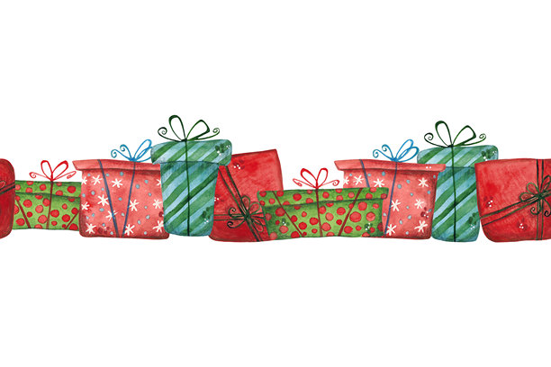 圣诞礼物盒无缝边框。手绘水彩插画，卡通风格。节日，新年，圣诞，冬季，舒适，盒子，包装，惊喜，丝带，蝴蝶结图片下载