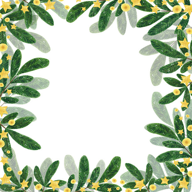 一张方形的圣诞松枝和星星画框。手绘水彩插画，卡通风格。节日，新年，圣诞节，冬季，温馨，星星，魔法，儿童，物品，云杉，森林，自然，木材图片下载