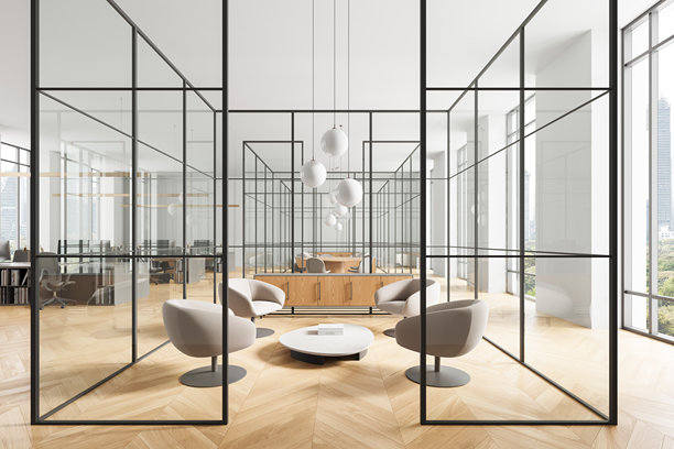 现代办公室室内设计，采用玻璃隔断、圆形座椅和极简主义照明，空间明亮，铺设木地板，并配有城市景观窗户。三维渲染图片下载