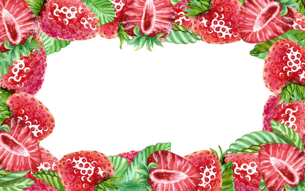 多汁草莓的横幅构图。红色的夏日浆果花环。手绘水彩插画。用于设计化妆品、水果零食、果酱、糖果、口香糖、菜单的复制空间模板。图片下载