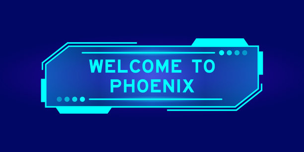 未来感的用户界面屏幕上的HUD横幅，蓝色背景上写着“欢迎来到凤凰城”。图片下载