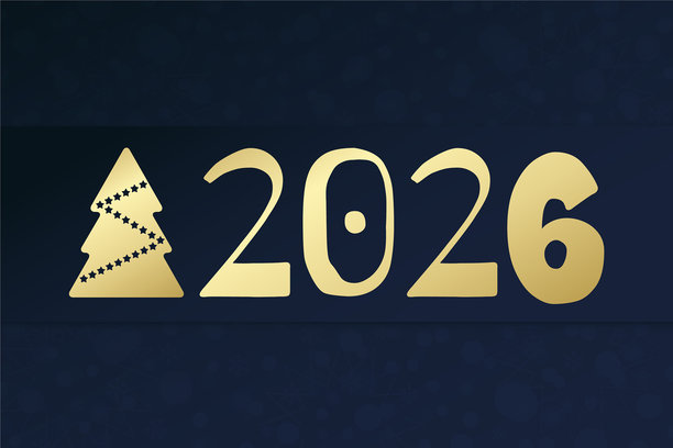 2026新年快乐矢量贺卡，配有圣诞树。星空与雪花背景。蓝色与金色插画，适用于庆祝、祝贺、装饰、冬季假期、网页设计。图片下载