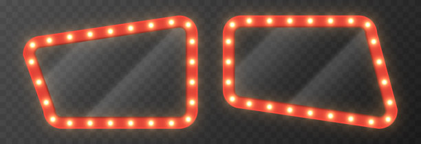 一套带红色边框和灯光的玻璃或镜子。带灯光的玻璃。复古风格的带红色边框的玻璃。马戏团玻璃。图片下载