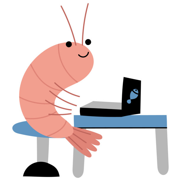 一只虾坐在办公桌前用笔记本电脑工作的有趣扁平插画。适用于远程工作、自由职业者生活、幽默设计、科技和办公室概念的创意角色。图片下载