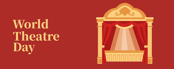 世界戏剧日复古红色网页横幅，配有剧院舞台插画、聚光灯氛围和经典现场表演概念图片下载
