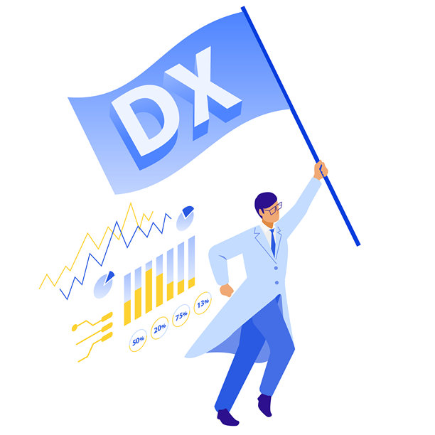 一名男医生举着DX旗奔跑的等距插画图片下载