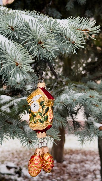 挂在雪覆盖的圣诞树枝上的新年装饰时钟——一张象征性的冬季照片，适用于设计节日贺卡和关于新年期望的内容。图片下载