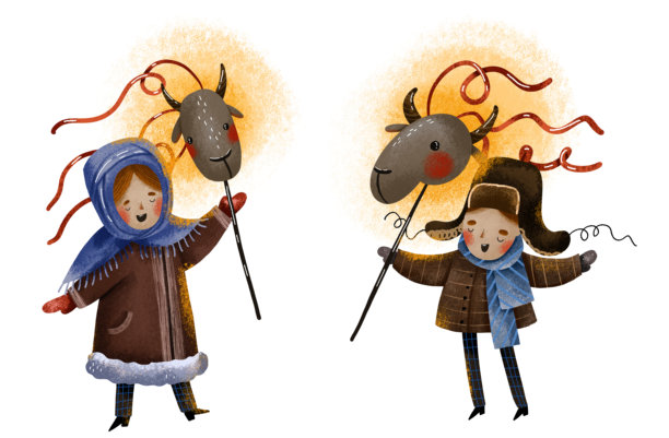 基督教乌克兰儿童庆祝圣诞节。男孩和女孩与山羊点亮灯火。报佳音者唱颂歌。手绘乌克兰冬季节日插画。玛兰卡，科利亚达剧院图片下载