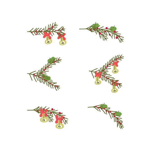 可持续圣诞节矢量插画，以环保手绘枝条、浆果、水果、圣诞树和节日冬季装饰为特色。图片下载