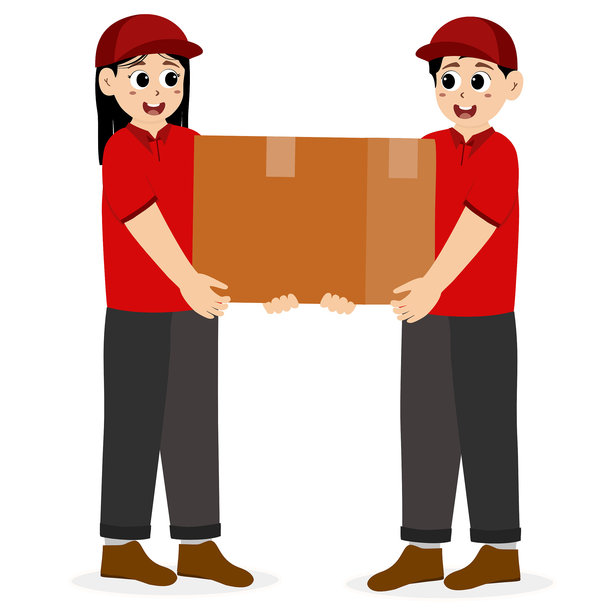 身着红色制服的男女配送员，手持纸板包裹箱。安全送货概念。快递服务概念。带着包裹的快递员。矢量插画图片下载
