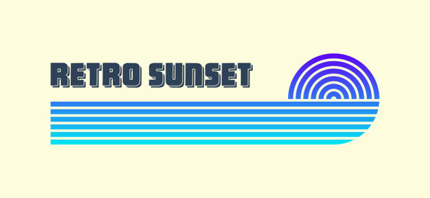 复古多彩日落。80、90年代风格的渐变条纹日出徽章。太阳和海洋景观，夏日氛围，冲浪。用于印刷品、徽标或T恤的设计元素。矢量插画图片下载
