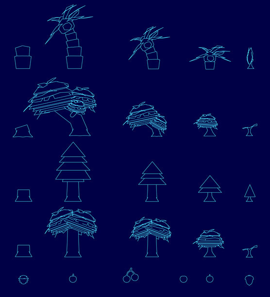 深海军蓝色背景上的低多边形树图标包，包含一棵棕榈树和各种独特的形状。网格排列包括从浅到深的树木。图片下载