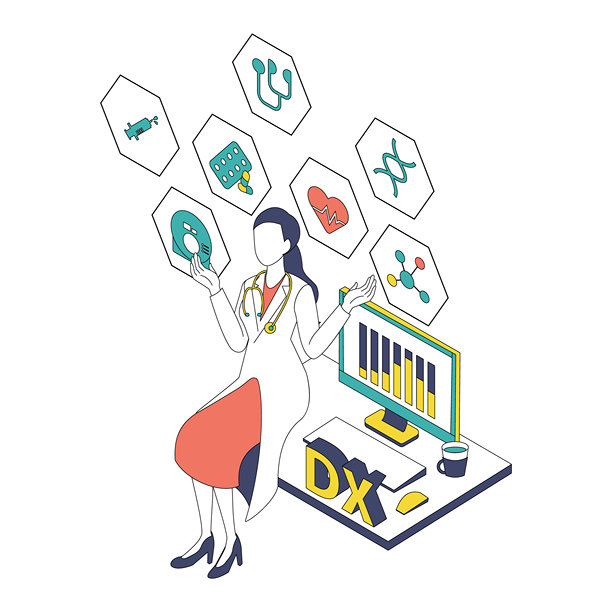 女性医生处理医疗DX数据的等距插画（颜色变化）图片下载