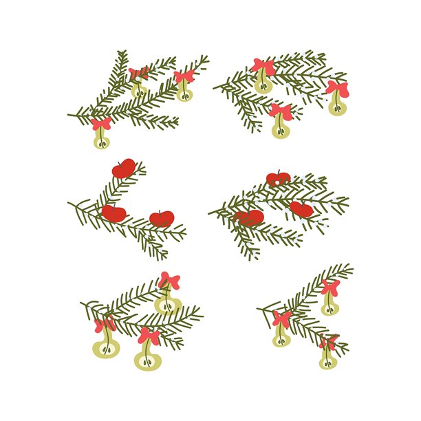 可持续圣诞节矢量插画，以环保手绘的树枝、浆果、水果、杉树和节日冬季装饰为特色。图片下载