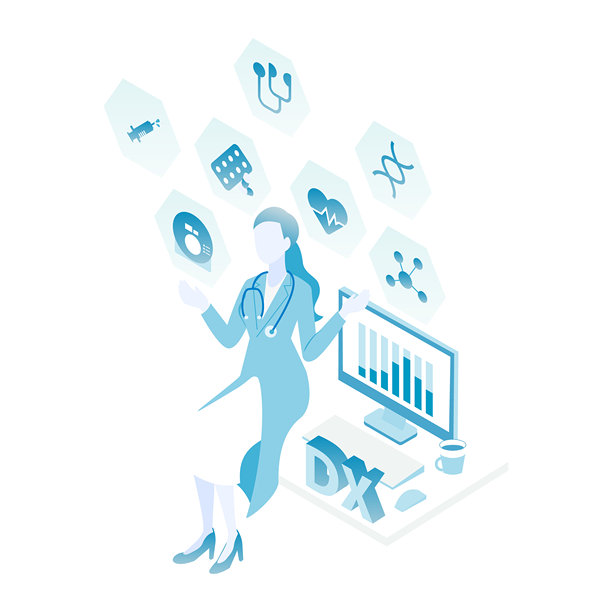 女性医生处理医疗DX数据的等距插画（颜色变化）图片下载