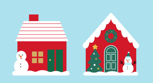 圣诞小屋扁平化矢量插画集。门前有雪人装饰的冬季小屋。红绿色节日小屋剪贴画。图片下载