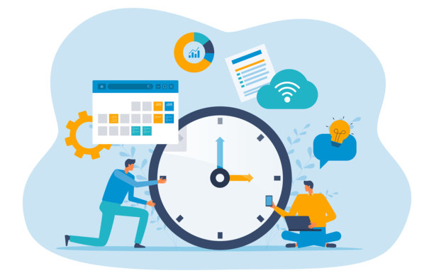 商务人士团队与大手表一同工作。扁平插画设计理念，商务团队会议与规划工作日程。图片下载