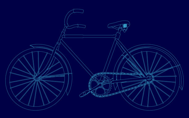 纯蓝色背景上的详细自行车蓝图轮廓，以清晰的白线勾勒出车架、车把和车轮。高对比度的设计强调了技术插画风格。图片下载