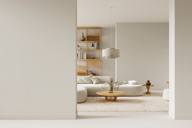 温暖的纹理和天然材料定义了这个极简宁静的室内空间，拥有充裕的留白、柔和的日光和光滑的面料，营造出平静、现代的构图。三维插画图片下载
