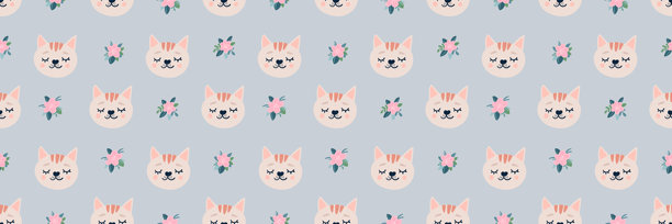 可爱的猫咪图案和春天的花朵，营造出迷人的无缝矢量设计。甜美的矢量插画，非常适合婴儿纺织品、儿童壁纸或带有卡通小猫的时尚儿童印花。图片下载