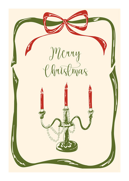 复古圣诞贺卡，配有烛台、异想天开的边框和蝴蝶结。矢量手绘插画，饰有烛台，适用于节日邀请函、贺卡和简约海报。图片下载