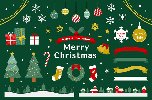 一套圣诞插画素材和边框。图片下载