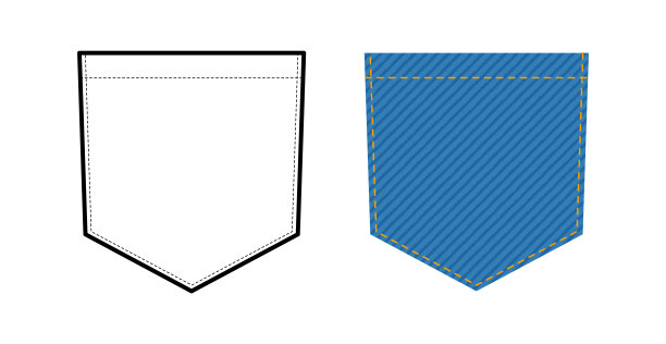 斜挎牛仔裤贴线缝补丁口袋牛仔裤技术时装插画。平铺服装线条模板及配色图片下载