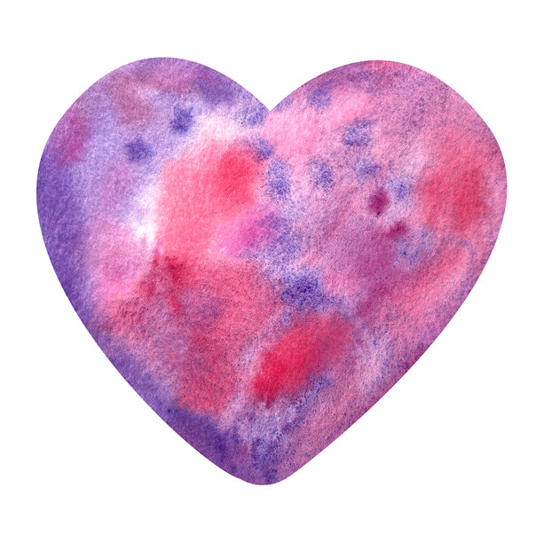 明亮的心形图案，红色、粉色和紫色相互融合，背景为白色。手绘水彩插图。图片下载