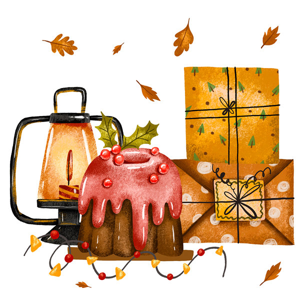 可爱的卡通圣诞派、蛋糕、饼干，配有蜡烛灯和礼物，手绘水彩贺卡。圣诞插画，新年快乐，圣诞节日与派。节日插画图片下载