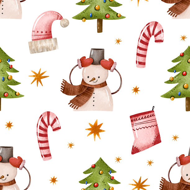 无缝图案冬季剪贴画，包含拐杖糖、圣诞帽、袜子、圣诞树和雪人。新年贴纸套装手绘插画。卡通十二月无尽背景。冬青设计图片下载