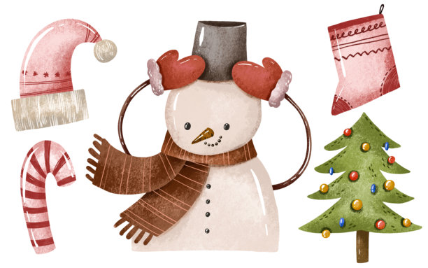 冬季剪贴画，包含雪人、拐杖糖、圣诞帽、袜子和圣诞树。新年贴纸套装手绘插画。卡通十二月套装图片下载