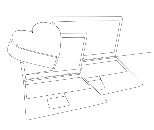 带有爱心的笔记本电脑连续线条画：创意概念矢量插画图片下载