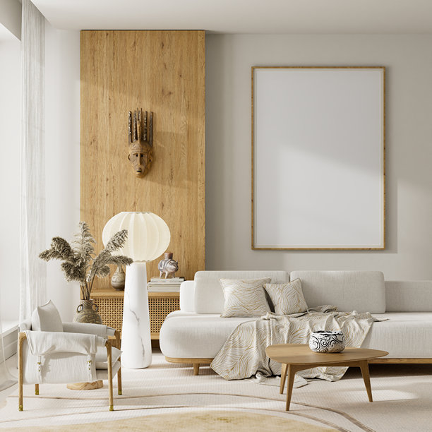 日式简约风格客厅样板间室内设计，采用温暖的木质纹理和一个大型海报画框，适合当代家居风格。三维插画。图片下载