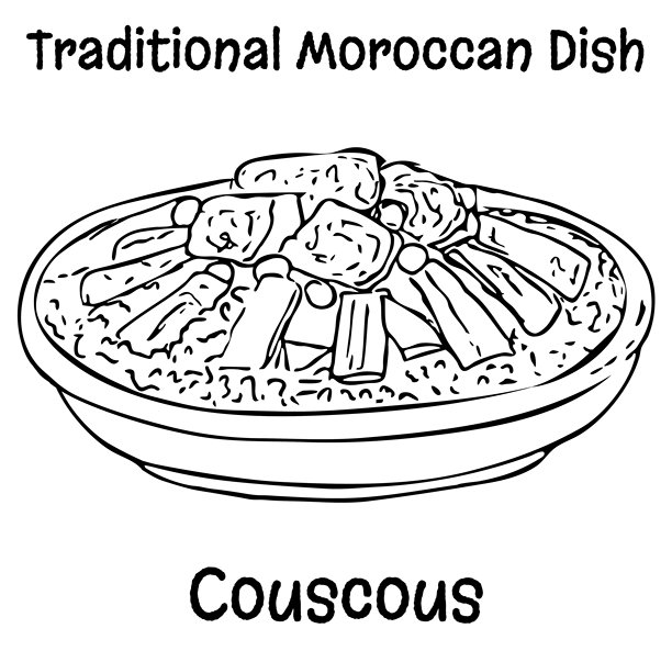黑白手绘线条艺术插画，描绘了传统的北非地中海摩洛哥蒸粗麦粉，其中包含谷物、肉类和蔬菜，盛放在圆形陶瓷碗中。非常适合菜单或食谱。图片下载