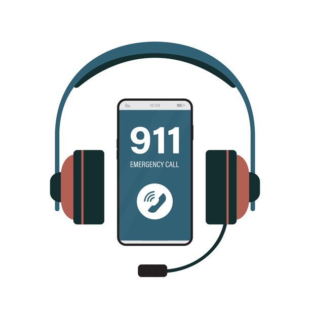 带屏幕上911紧急电话的耳机和手机。支持24/7，概念。客户服务。紧急呼叫，热线，服务台。手机在白色背景上隔离图片下载