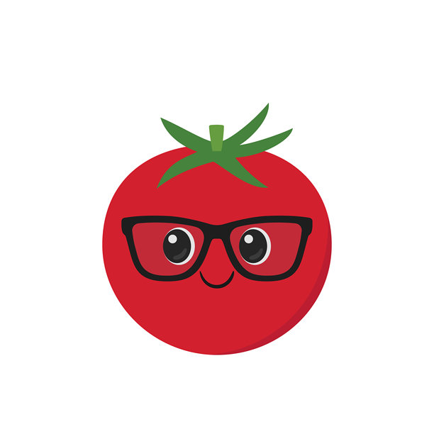 戴眼镜的可爱番茄，有趣的卡通形象，成熟的红色彩蔬，快乐的笑脸，大眼睛，可爱风格，扁平矢量插画。图片下载