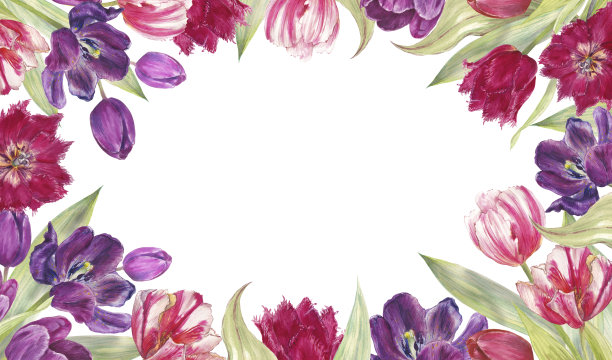 粉色、紫色和红色调盛开的郁金香水彩花环，呈圆形框架排列。优雅的植物插画，孤立在黑色背景上，非常适合春季设计和浪漫项目。图片下载