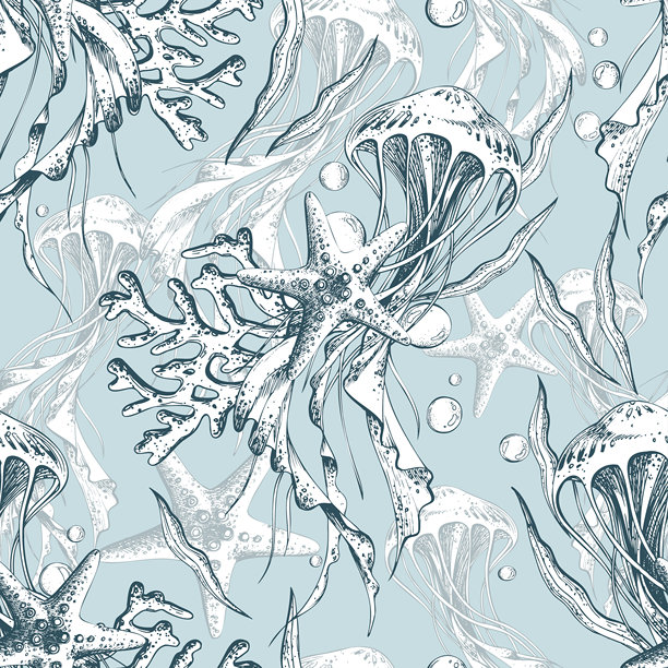 手绘海蜇、海藻、海星和珊瑚的无缝图案。海底生物线条艺术图形插画，适用于设计。印在蓝色背景上。图片下载