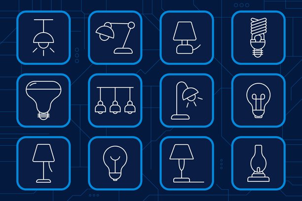 照明套装图标。灯、灯泡、吊灯、台灯、吸顶灯、床头灯、油灯、能量、照明、装饰、电灯光源。图片下载