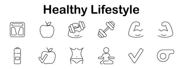 健康生活方式图标集。体重秤、苹果、哑铃、肱二头肌、水瓶、勾号、身体、瑜伽姿势、健身检查、哨子，以健身线条艺术形式绘制。图片下载