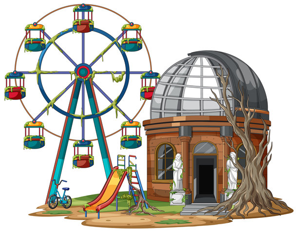 废弃的摩天轮和天文台，坐落在杂草丛生的游乐场内图片下载