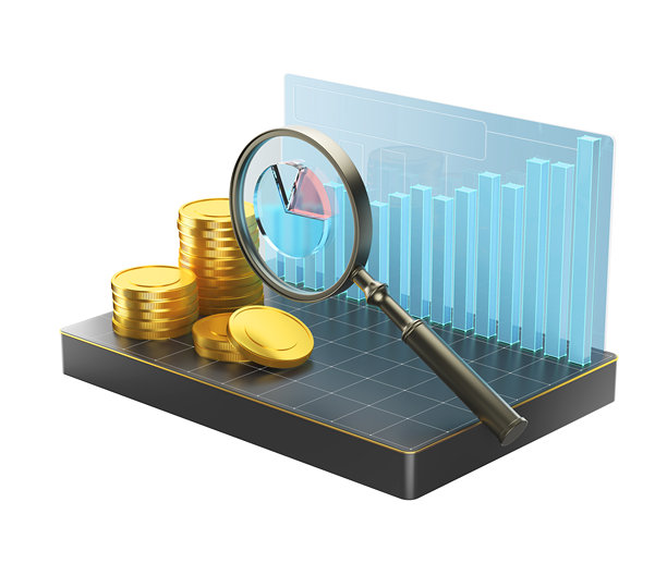 放大镜查看外汇投资图表、黄金股票交易和金融投资。3D插画。图片下载