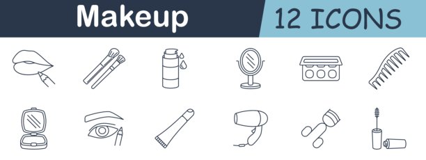 化妆品套装图标。包含嘴唇、刷子、乳液瓶、滴管、镜子、调色板、梳子、粉饼盒、眼睛、铅笔、管状物、吹风机、卷发器和睫毛膏，属于化妆造型主题。图片下载