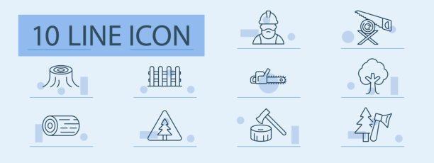 伐木套装图标。树桩、栅栏、工人、锯子、树干、链锯、树木、斧头、原木、森林、森林砍伐、安全、切割、木材、伐木工、木材、环境、设备、林业、工业。图片下载