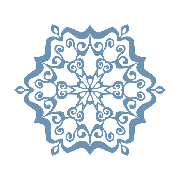 蓝色模板雪花及阴影，孤立的雪花图标，圆形曼陀罗。冬季假日卡通扁平插画。圣诞快乐新年矢量图。手绘风格图片下载