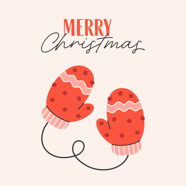 可爱的简约针织手套贺卡。圣诞快乐。适用于贺卡、邀请函、海报、横幅。平面矢量插画图片下载