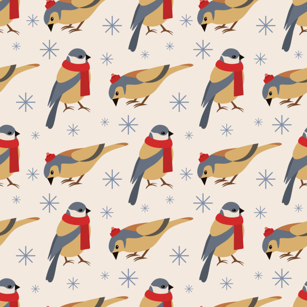 冬季戴围巾的鸟矢量插画图案。此矢量插画包含雪花元素，增添节日温馨氛围，非常适合季节性设计。图片下载