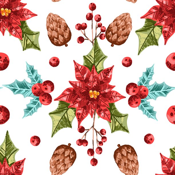 圣诞节无缝图案和装饰品，饰有圣诞红、冬莓和松果图片下载