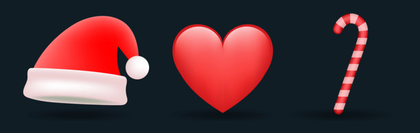 红色爱心、拐杖糖和雪人帽的矢量表情符号插画图片下载