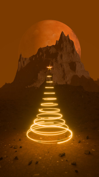 红色星球上的圣诞快乐。科幻场景，火星卫星上的岩石间有一个发光的抽象圣诞树。3D插画。美国宇航局为该图像提供了元素。图片下载